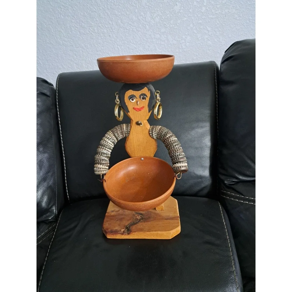 Vintage Bottle Cap Art Man Figure With Two Bowls